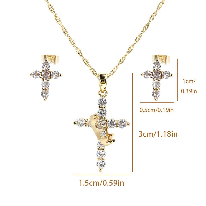 Sparkling Cubic Zirconia Cross & Crown Necklace & Ear Stud Set | Gold-Plated Delicate Jewelry, Suitable for Sensitive Ears | Gift for Her