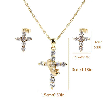 Sparkling Cubic Zirconia Cross & Crown Necklace & Ear Stud Set | Gold-Plated Delicate Jewelry, Suitable for Sensitive Ears | Gift for Her