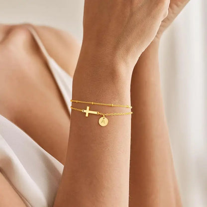 Turandoss Women'S 14K Gold-Plated Adjustable Initial Cross Chain Bracelet - Dainty Layered Disc Initial Letter Gold Stack, Exquisite Fashion Wrist Jewelry for Teen Girls, Baptism Gift